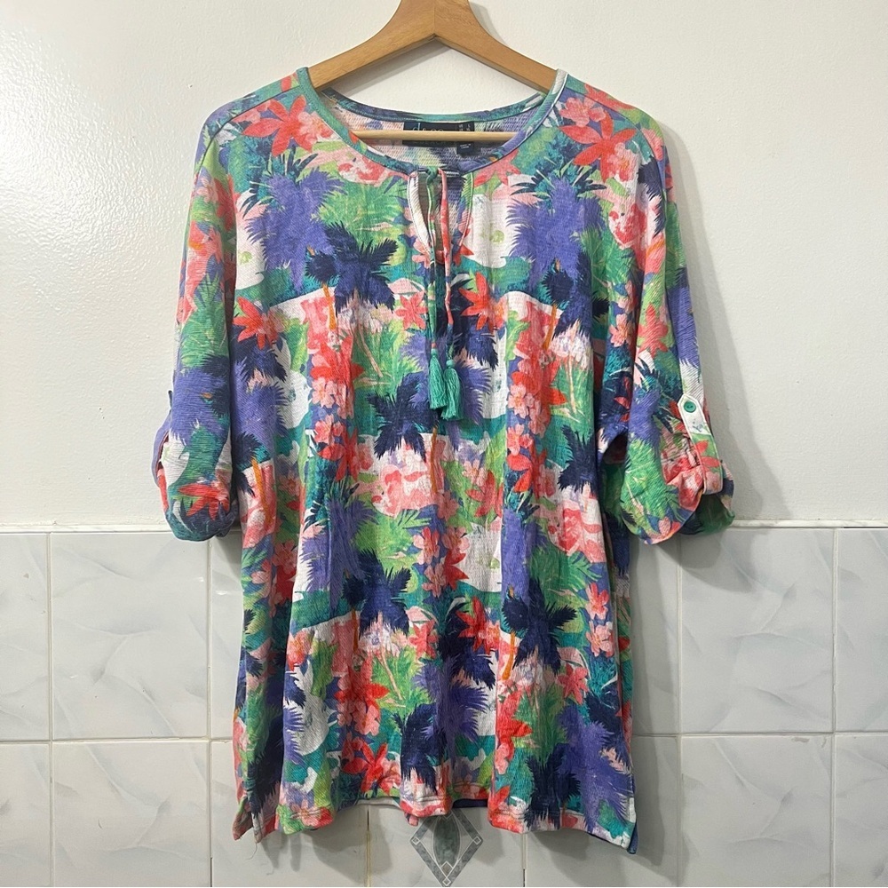D & Co. Beach Tropical Island Palm Tree Roll Tab Gauze Tunic Top Women’s Large